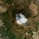 A satellite view of Mount Fuji and the surrounding area on Jan. 1, 2021, largely bereft of snow.